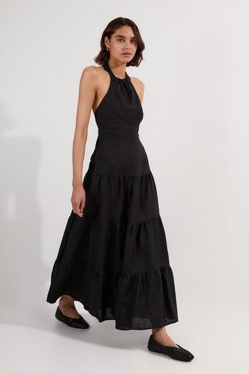 Viscose Linen Halter Tiered Woven Maxi Dress black