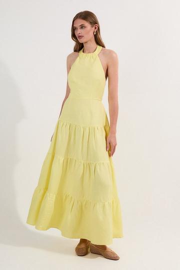 Viscose Linen Halter Tiered Woven Maxi Dress lime