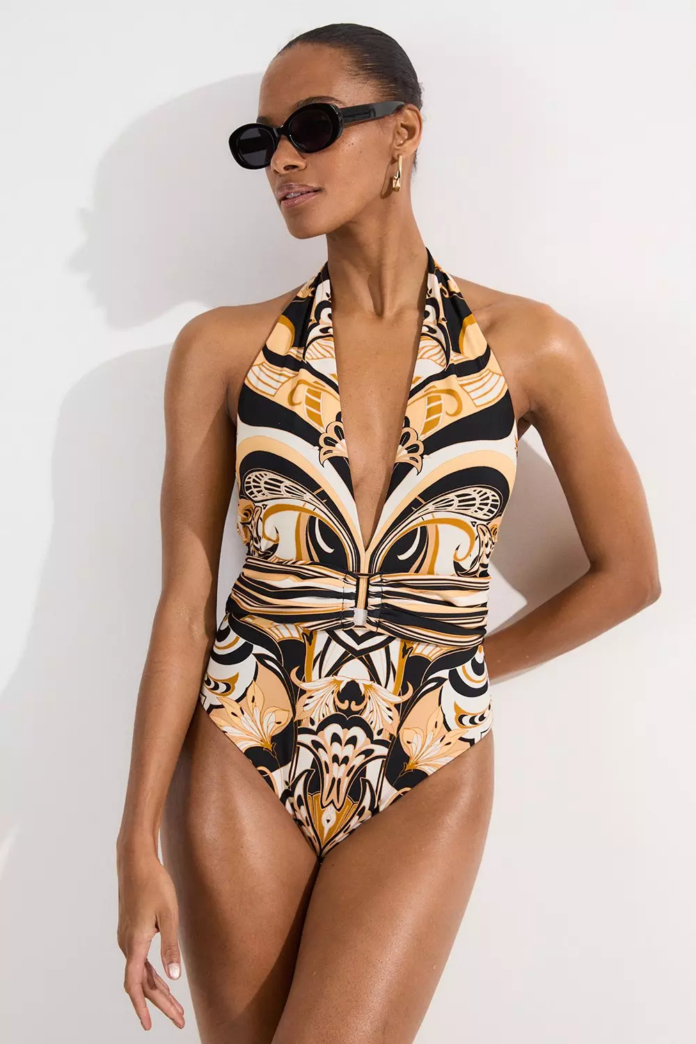 Scarf Print Plunge Swimsuit With Detachable Scarf | Karen Millen