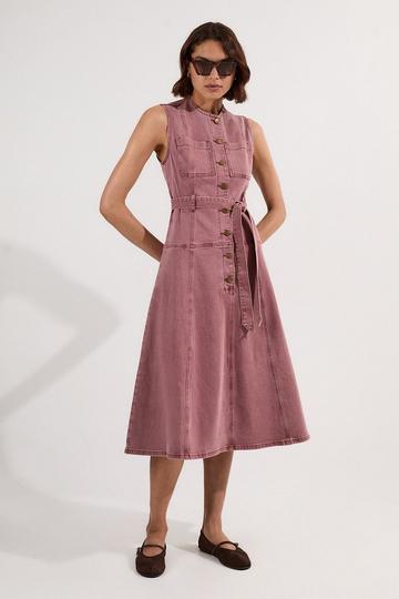 Pink Coloured Denim Belted Midi Dress