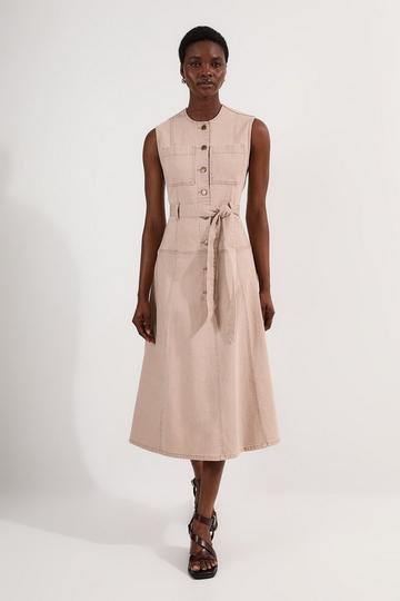 Coloured Denim Belted Midi Dress stone