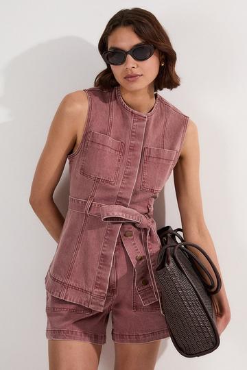 Pink Coloured Denim Belted Sleeveless Jacket