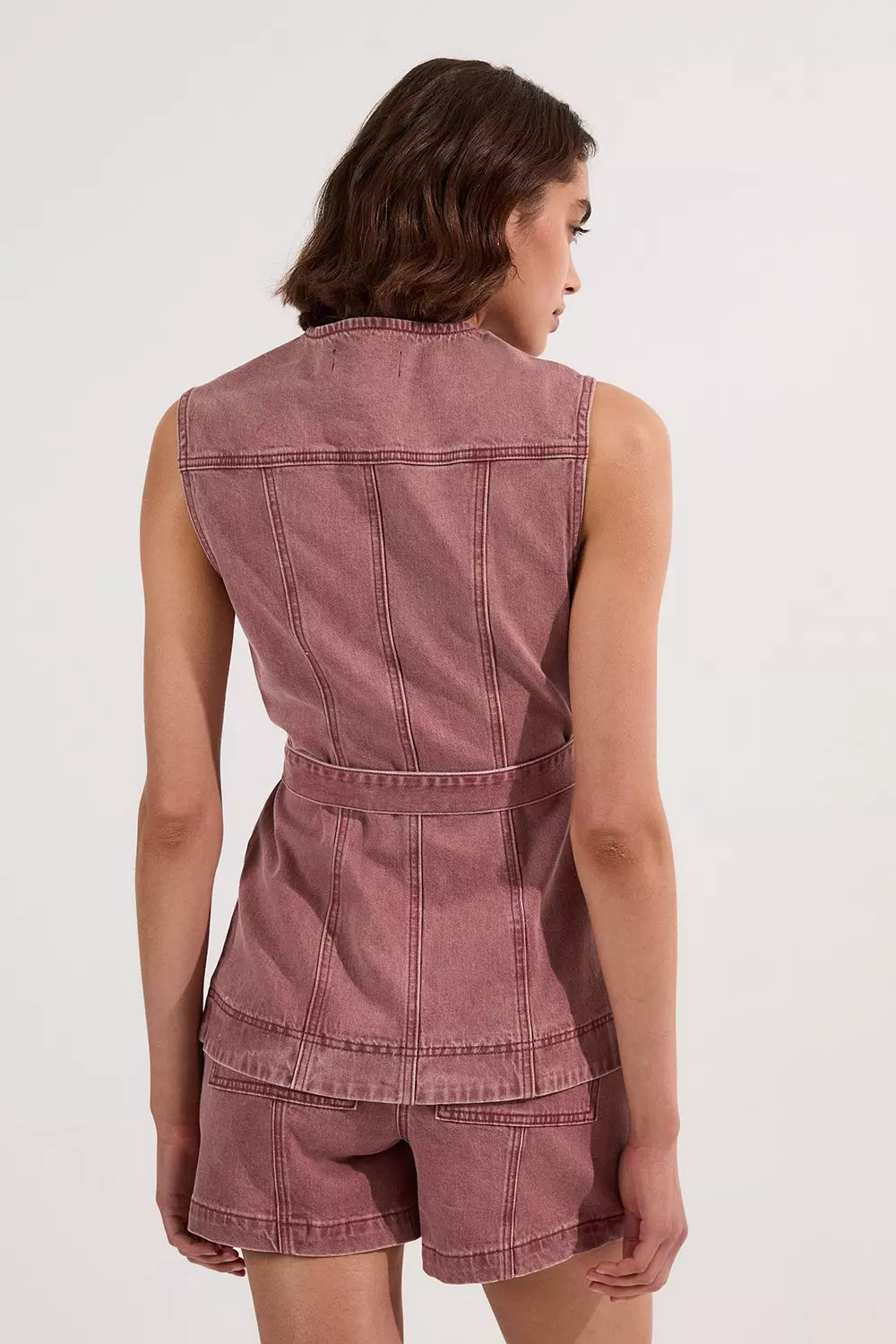 Coloured Denim Belted Sleeveless Jacket | Karen Millen