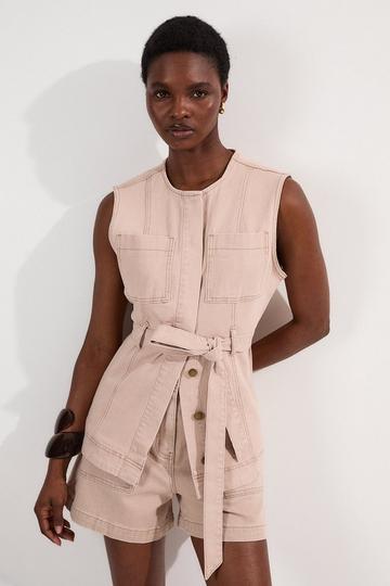 Coloured Denim Belted Sleeveless Jacket stone