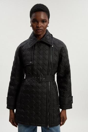 Diamond Quilted Belted Short Puffer Trench Jacket black