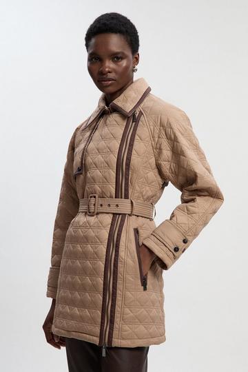 Diamond Quilted Belted Short Puffer Trench Jacket camel
