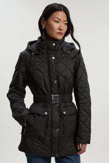 Black Diamond Quilted Belted Short Padded Coat
