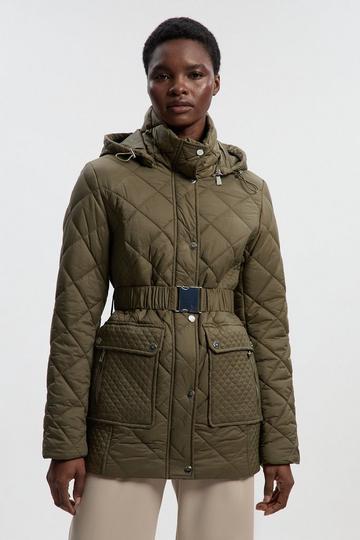 Diamond Quilted Belted Short Padded Coat khaki