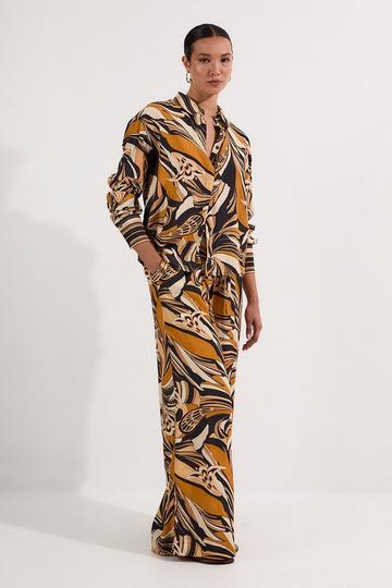 Beach Border Print Spun Viscose Tie Waist Wide Leg Trousers tan