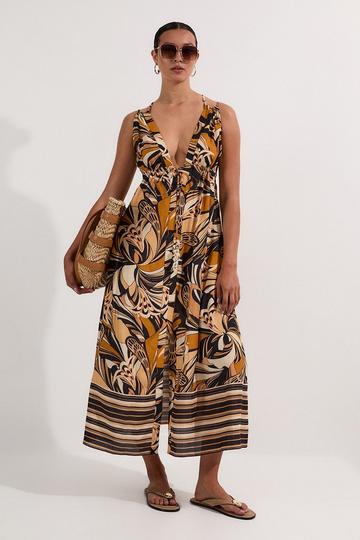 Petite Beach Border Print Spun Viscose Strappy Maxi Dress tan