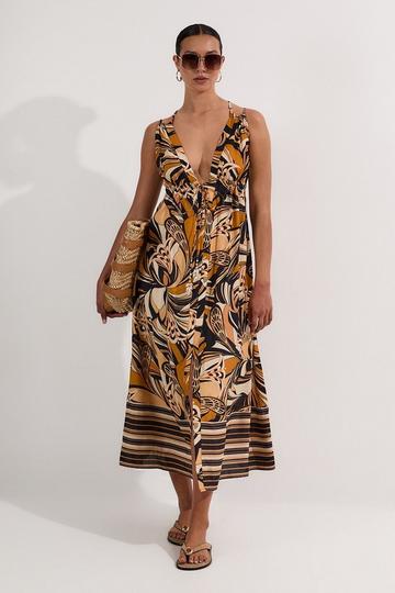 Beach Border Print Spun Viscose Strappy Maxi Dress tan