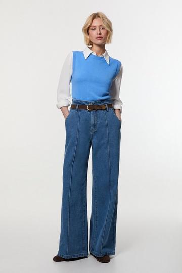 Petite Denim Waistband Detail Wide Leg Trousers mid blue