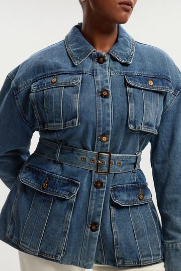 Plus Size Denim Pocket Detail Belted Safari Jacket mid blue