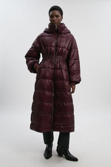 Quilted Drawstring Waist Hooded Rib Cuff Maxi Puffer Coat burgundy