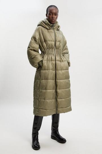 Quilted Drawstring Waist Hooded Rib Cuff Maxi Puffer Coat sage