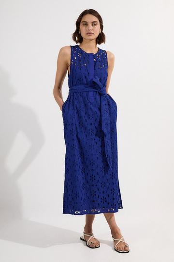 Cotton Broderie Sleeveless Belted Midi Woven Dress cobalt