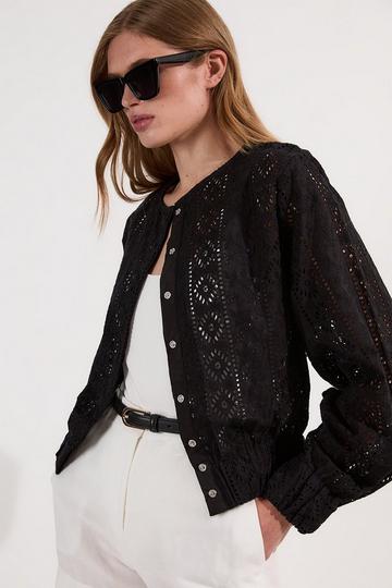 Cotton Broderie Woven Bomber Jacket black