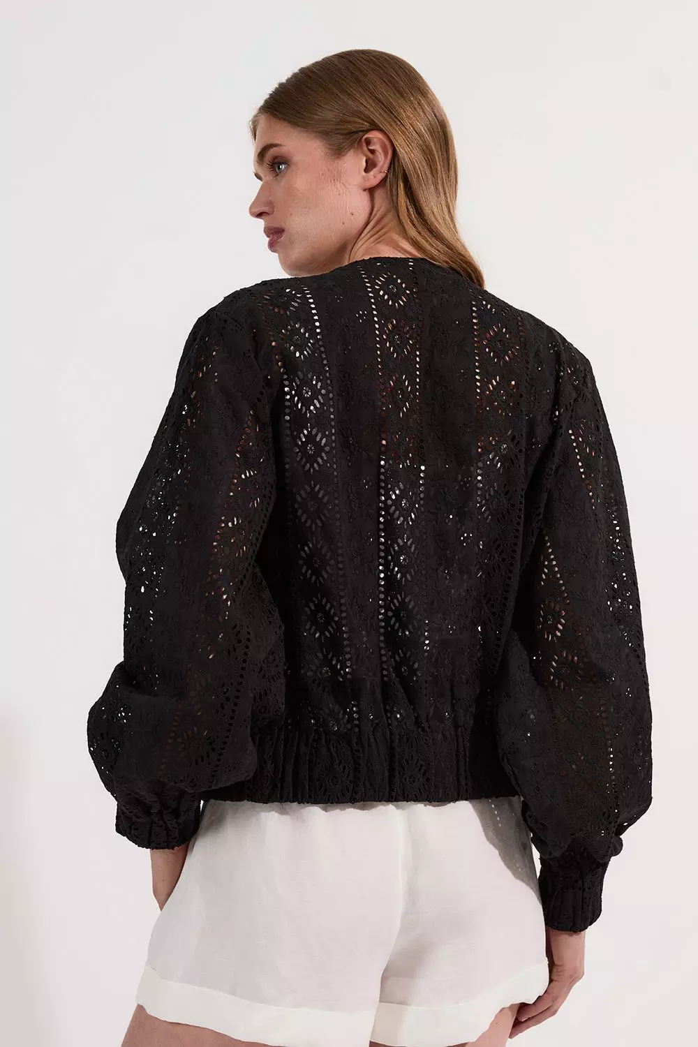 Cotton Broderie Woven Bomber Jacket | Karen Millen