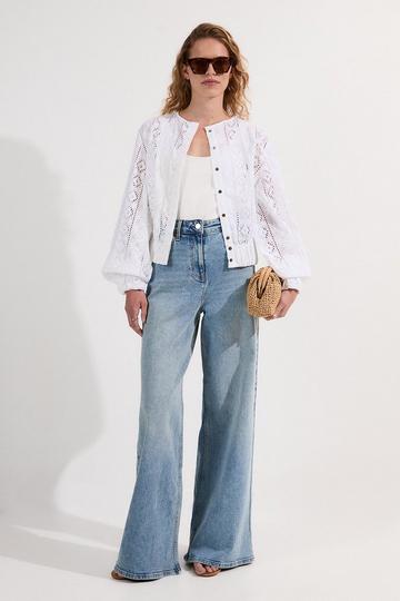 White Cotton Broderie Woven Bomber Jacket