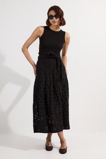 Black Cotton Broderie Woven Maxi Skirt