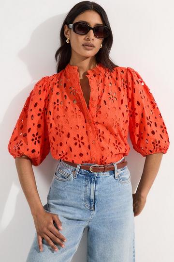 Orange Cotton Broderie Belted Short Sleeve Woven Blouse