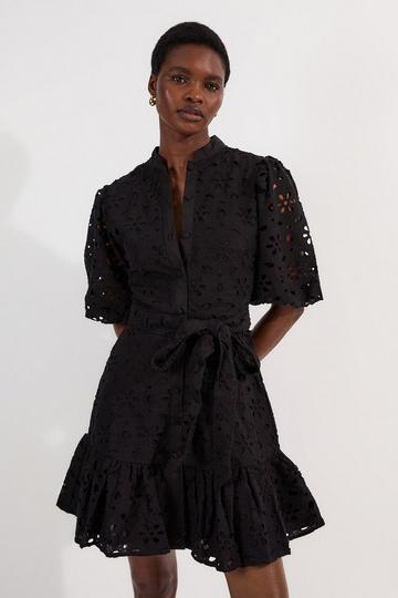 Black Cotton Eyelet Belted Woven Mini Dress