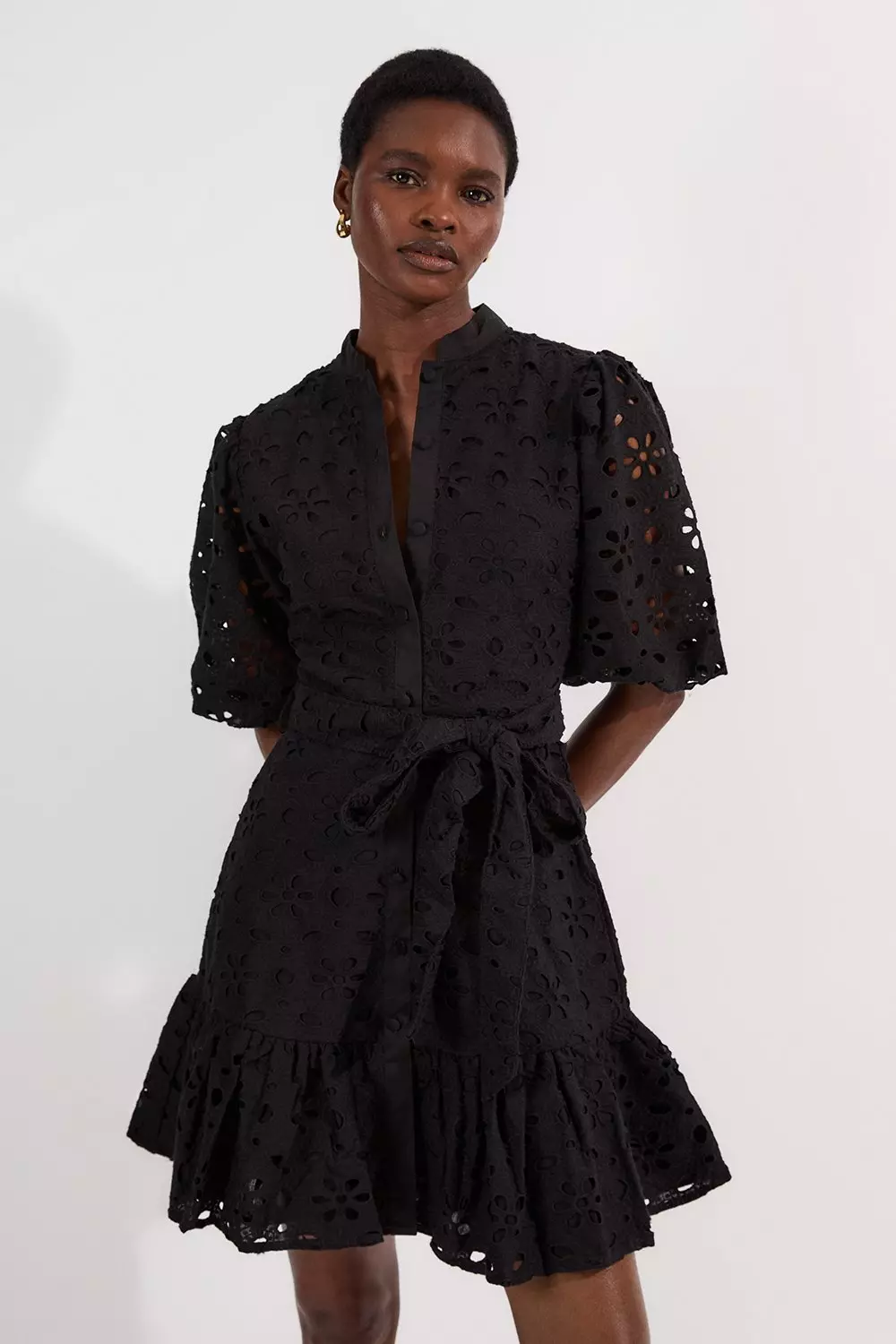 ★Karen Millen★ コットンブロデリーベルトウーブンミニドレス Cotton Eyelet Belted Woven Belted Mini Dress | Karen Millen