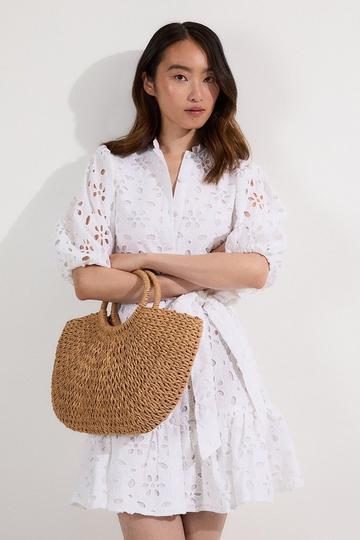 White Cotton Broderie Belted Woven Mini Dress