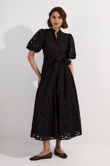 Black Cotton Broderie Belted Short Sleeve Woven Midi Dress