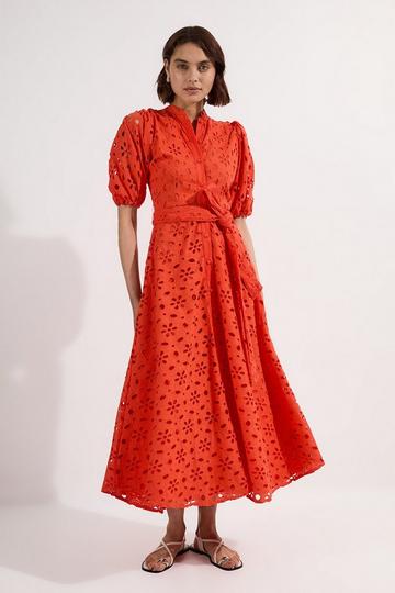 Orange Cotton Broderie Belted Short Sleeve Woven Midi Dress