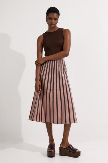 Leather Stripe Mix Full Midi Skirt rose