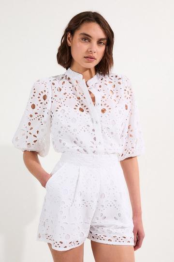 White Cotton Broderie Woven Short