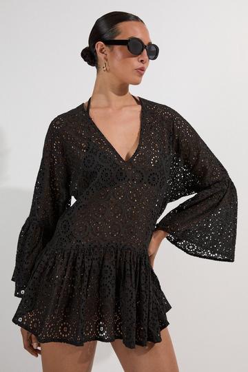 Cotton Broderie Beach Mini Kimono black