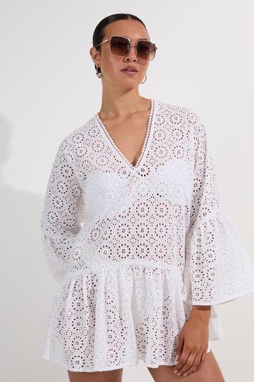 White Cotton Broderie Beach Mini Kimono
