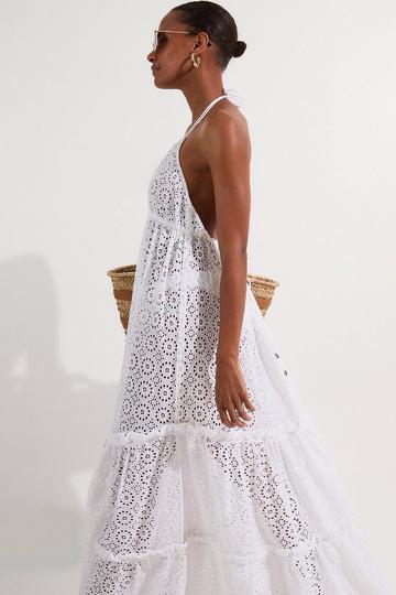 White Tiered Broderie Maxi Beach Dress