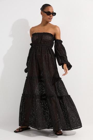 Black Off Shoulder Broderie Maxi Beach Woven Dress