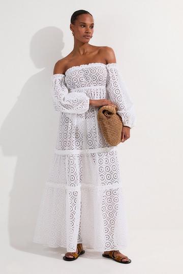 White Off Shoulder Broderie Maxi Beach Woven Dress