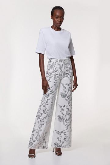 Denim All Over Floral Sequin Wide Leg Trousers ivory