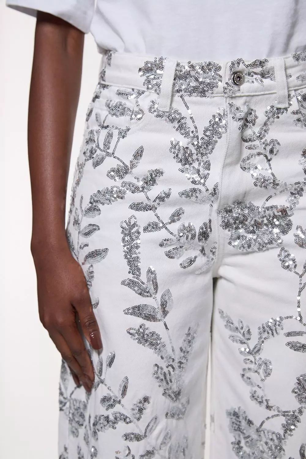 ☆Karen Millen 花柄デニムスパンコール ワイドレッグ パンツ Denim All Over Floral Sequin Wide Leg Trousers | Karen Millen