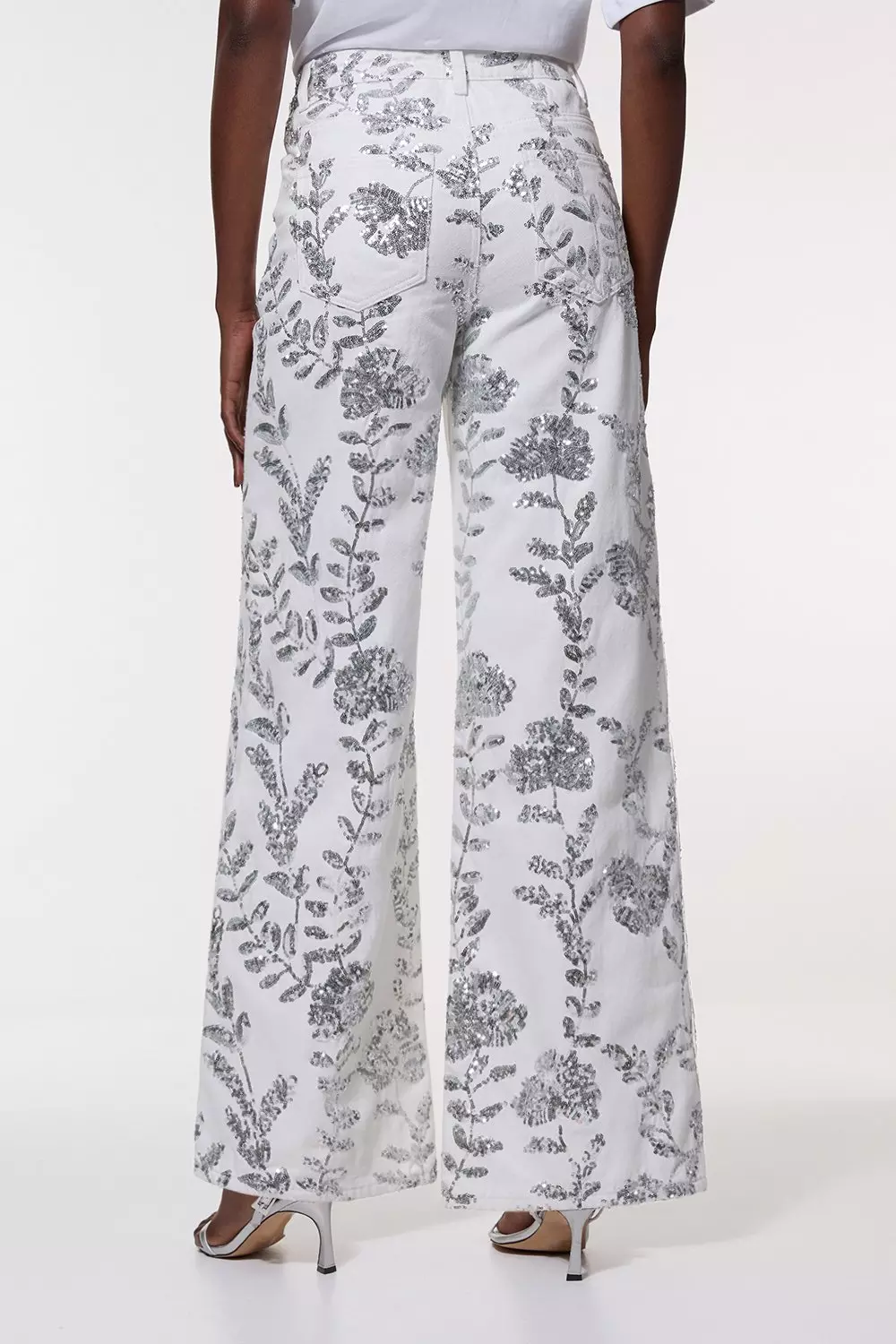 ☆Karen Millen 花柄デニムスパンコール ワイドレッグ パンツ Denim All Over Floral Sequin Wide Leg Trousers | Karen Millen