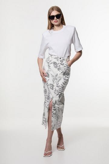 Denim All Over Floral Sequin Skirt ivory