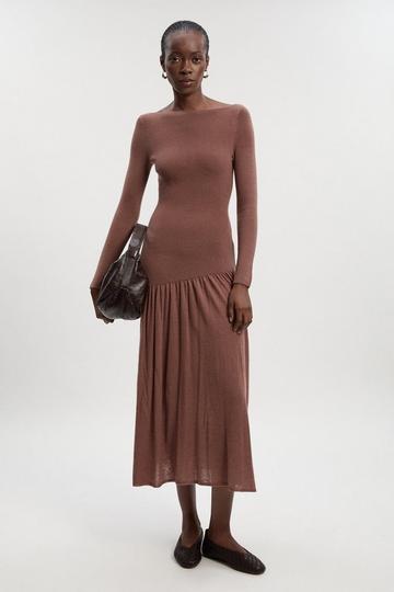 Wool Blend Sheer Knitted Skirt Dress taupe