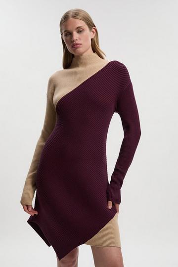 Soft Ribbed Asymmetric Hem Knitted Dress camel