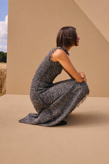 Black Tweed Yarn Fringe Trim Knitted Dress