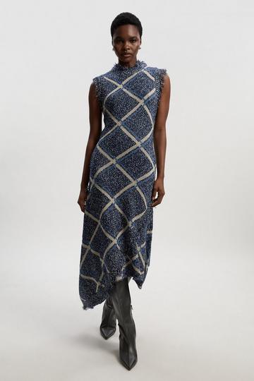 Blue Tweed Yarn Fringe Trim Knitted Dress