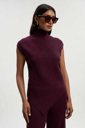 Soft Ribbed Asymmetric Hem Knitted Top burgundy