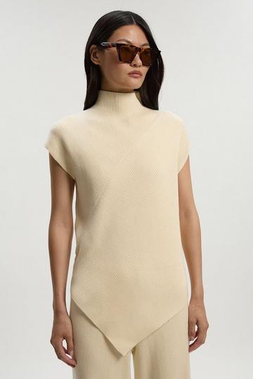 Cream White Soft Ribbed Asymmetric Hem Knitted Top