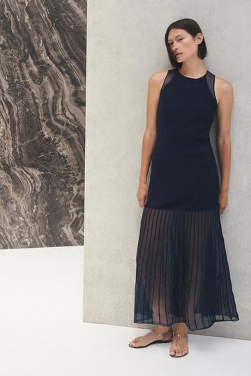 Navy Sleeveless Viscose Blend Knitted Dress With Sparkle Sheer Details