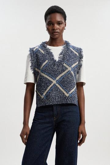 Tweed Yarn Fringe Trim Knitted Tank blue