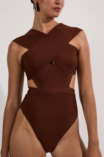 Bandage Textured Cross Front Swimsuit chocolate